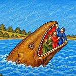 Des personnages dans la bouche d’une baleine, illustration d’un rêve dans le style d’une enluminure